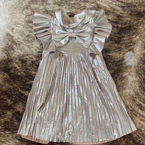 Shimmering Silver Kids Dress with Ruffle Sleeves
